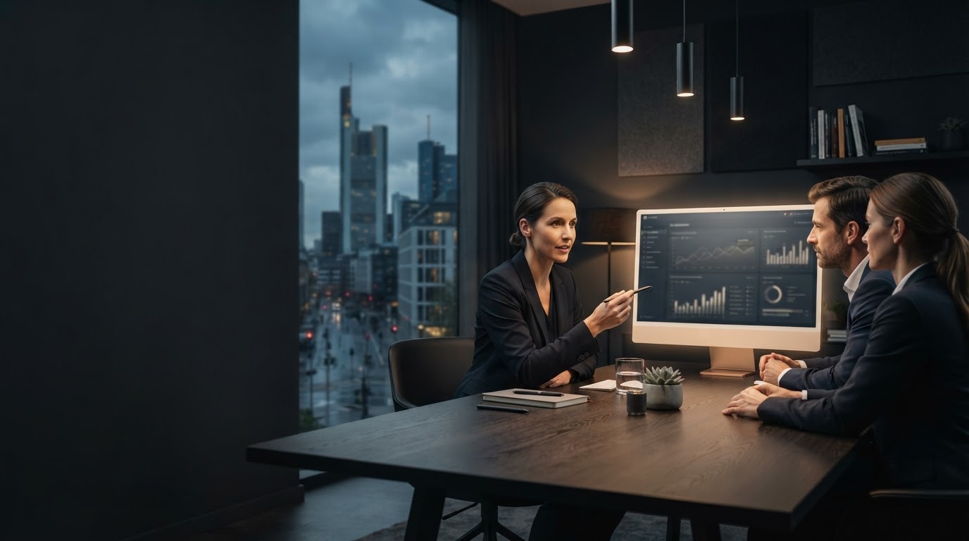 Felsoren KI Visualisierung eines vernetzten Datenanalyse-Systems auf dunklem Hintergrund